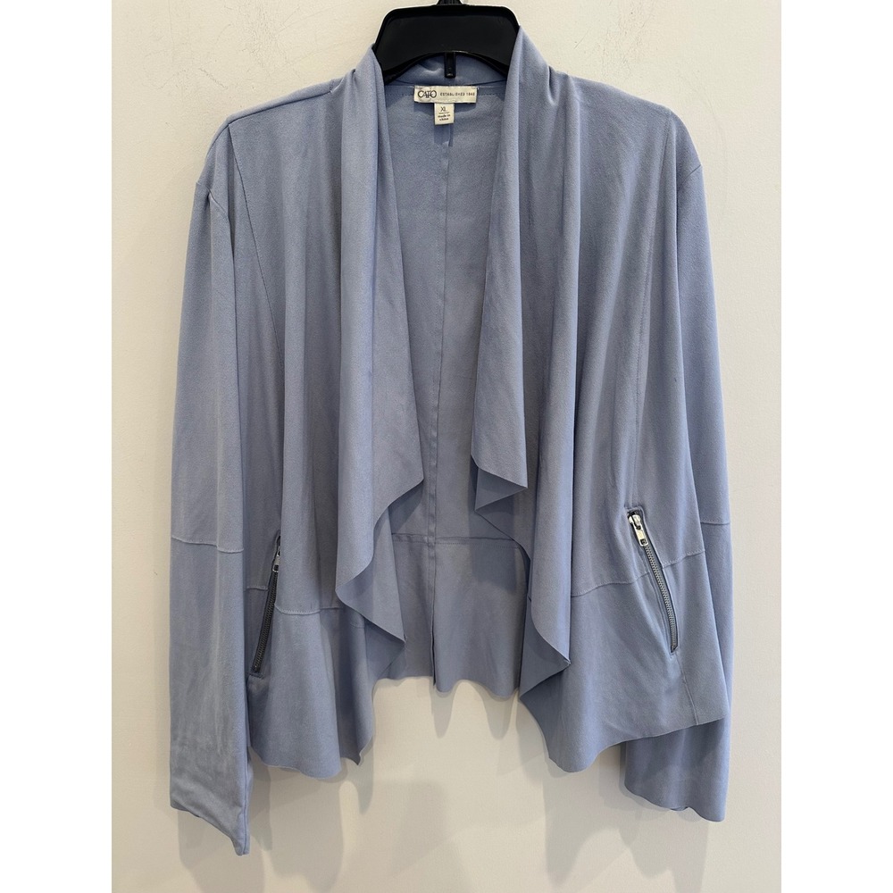 Cato Womens XL Blue Faux Suede Waterfall Open Front Jacket Zipper Pockets
